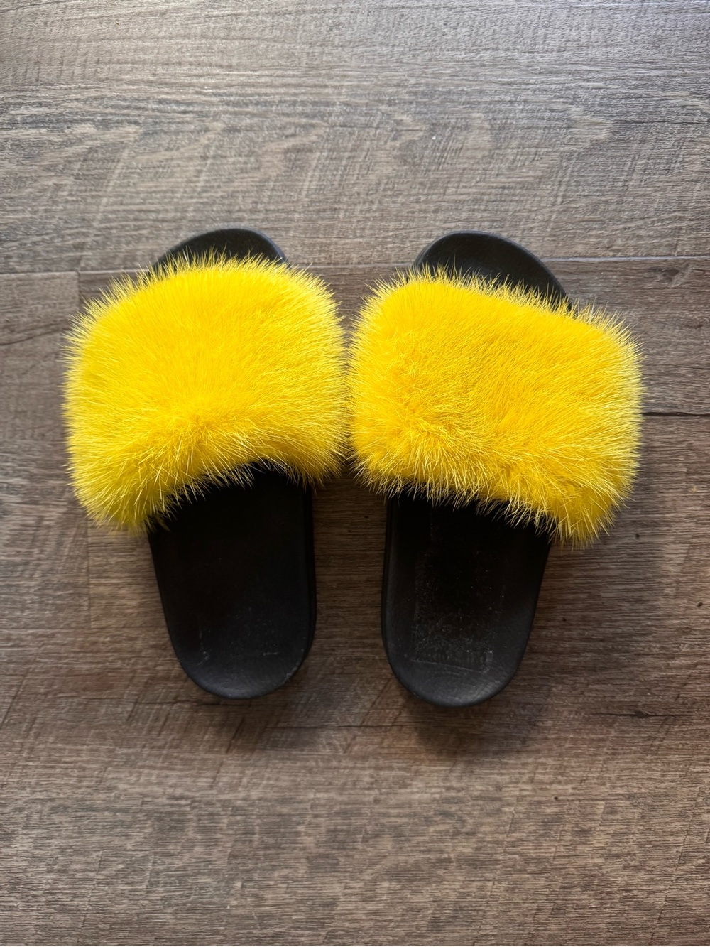 Givenchy Yellow Fur Slide Sandals with Black Base